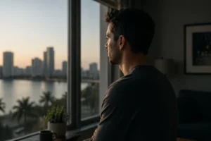 Man looking out window reflecting on starting therapy in Tampa apartment