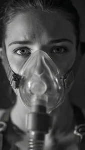 Woman wearing oxygen mask symbolizing self care and prioritizing your own mental health before helping others