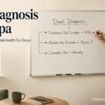 Therapist writing dual diagnosis examples on a whiteboard in a modern clinical office while explaining mental health and substance use conditions