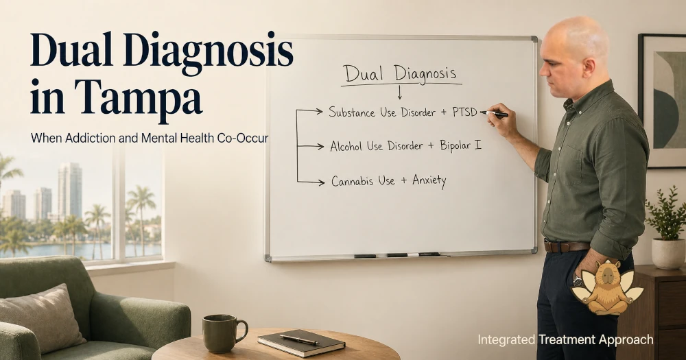 Therapist writing dual diagnosis examples on a whiteboard in a modern clinical office while explaining mental health and substance use conditions