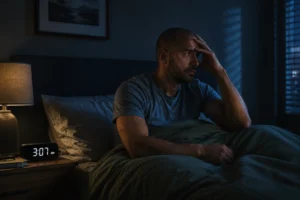 A tired man sits upright in bed at night with his hand on his forehead beside a clock reading 3:07 AM, representing anxiety, insomnia, and difficulty sleeping.