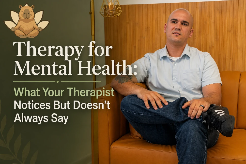 Therapist sitting calmly on a couch representing reflection, emotional awareness, and personal growth in therapy