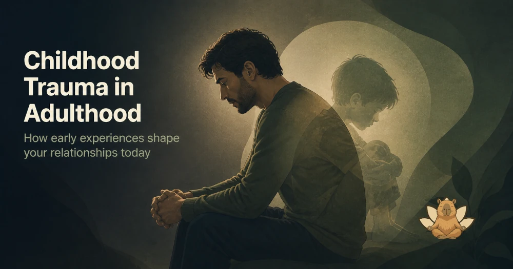 Adult sitting in a reflective posture with a faint child silhouette behind them, symbolizing the lasting impact of childhood experiences