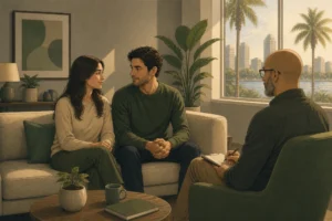 Couple sitting on a couch in a therapy session making gentle eye contact while a therapist observes in a calm, softly lit office in Tampa