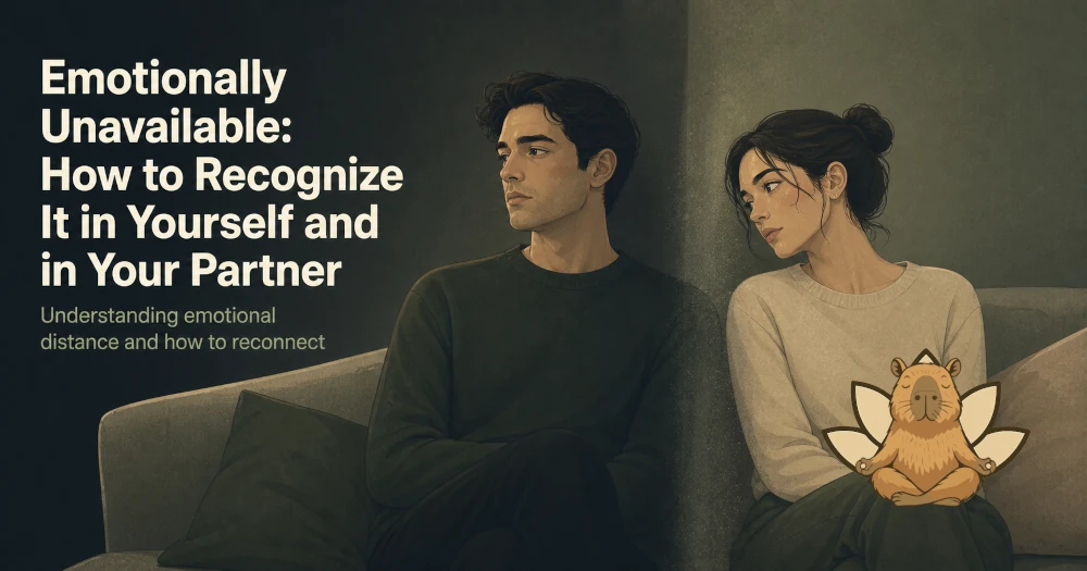Two people sitting on a couch close together but emotionally distant, symbolizing emotional unavailability in relationships