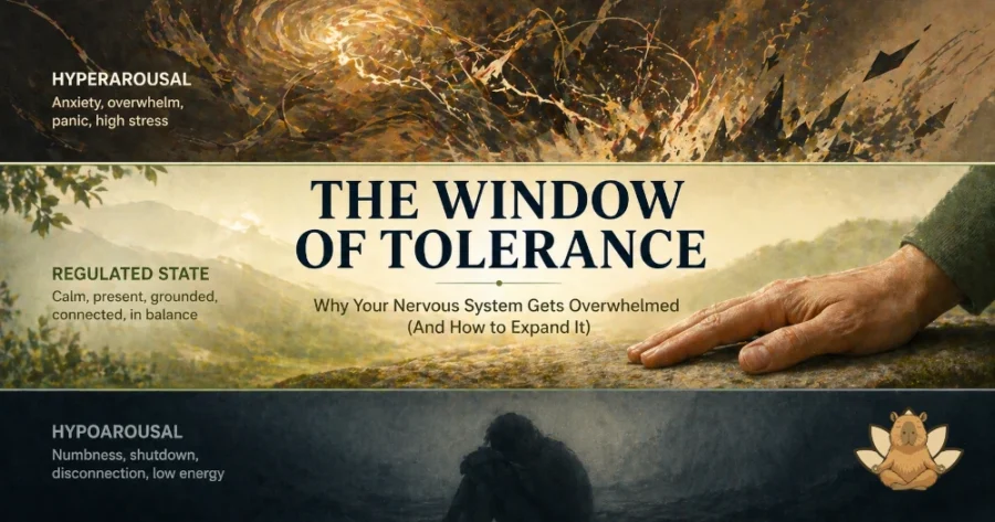 Illustration of the window of tolerance showing hyperarousal, regulated state, and hypoarousal zones