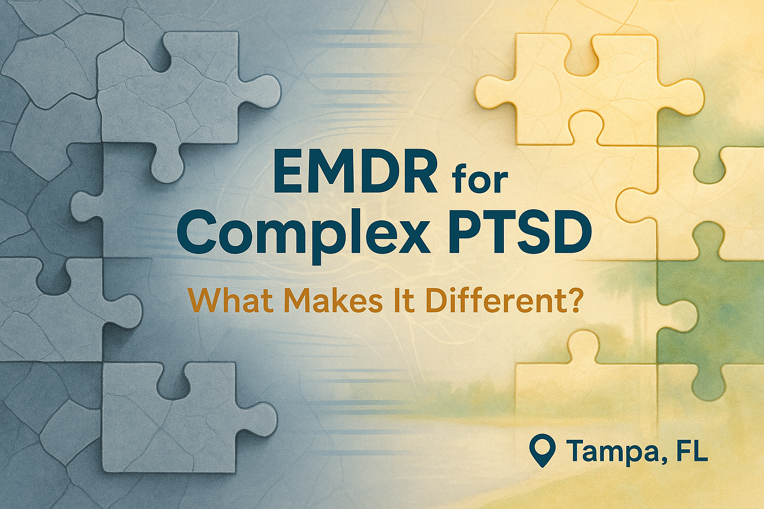 EMDR for Complex PTSD thumbnail showing fragmented puzzle pieces transitioning into a healed image with warm colors and a Tampa, FL location badge