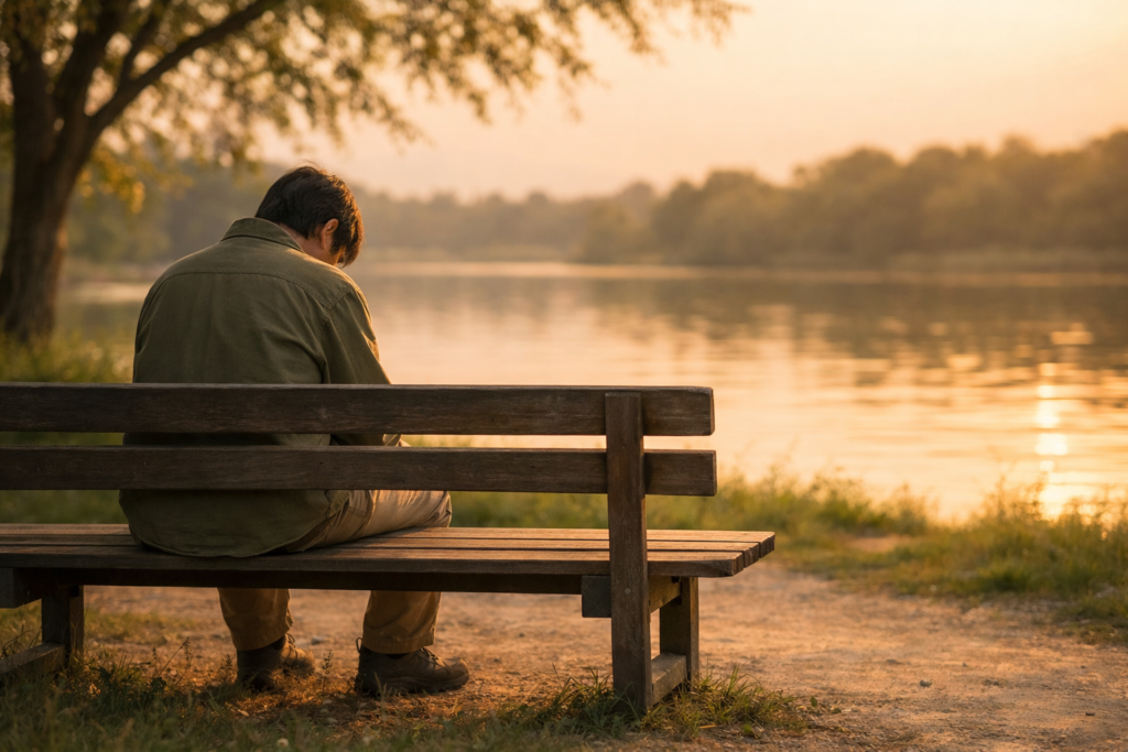 Person sitting alone on a park bench at sunset, reflecting quietly with a sense of heaviness but calm hope, symbolizing depression support and healing