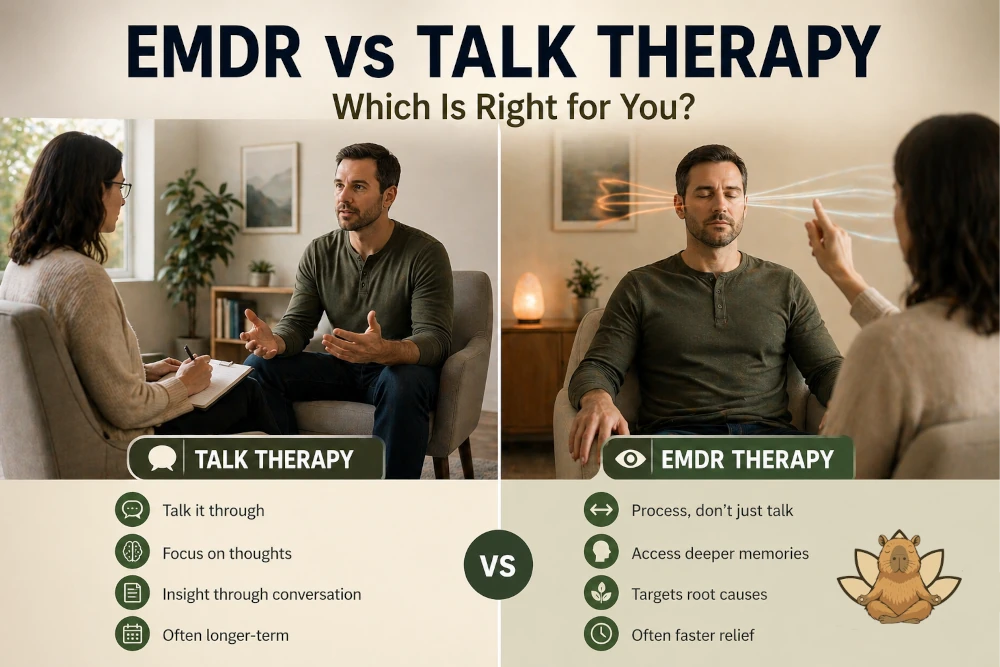 Side-by-side comparison of talk therapy and EMDR therapy sessions showing different approaches to treatment