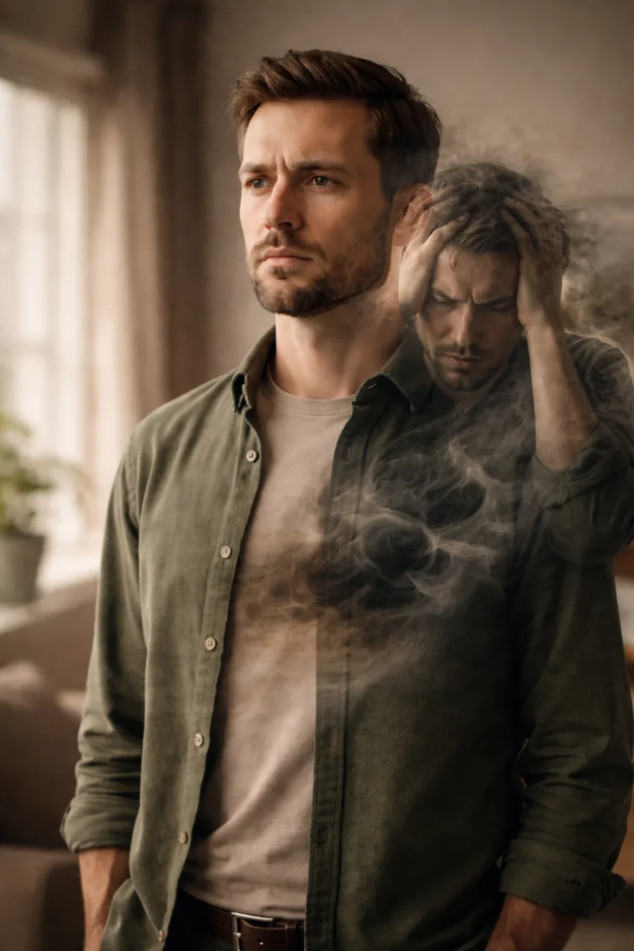 Man appearing calm on the outside while experiencing high functioning anxiety internally