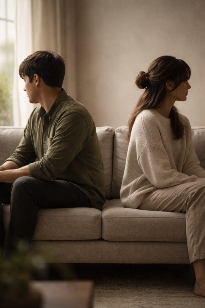 Two people sitting together on a couch with space between them, facing forward without interacting, symbolizing emotional distance and relationship disconnection