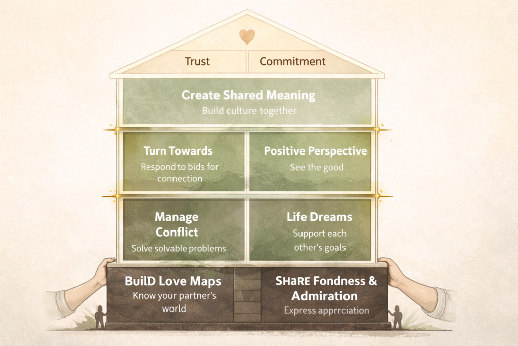 Infographic of the Gottman Sound Relationship House showing labeled relationship components from foundation to roof, including love maps, fondness, turning towards, managing conflict, shared meaning, trust, and commitment