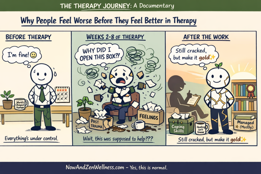 Three-panel therapy comic showing why people feel worse before they feel better in therapy, from before therapy to emotional processing to healing