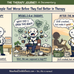 Three-panel therapy comic showing why people feel worse before they feel better in therapy, from before therapy to emotional processing to healing