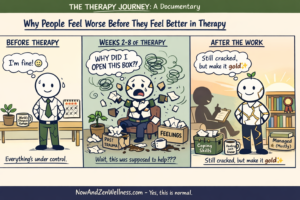 Three-panel therapy comic showing why people feel worse before they feel better in therapy, from before therapy to emotional processing to healing