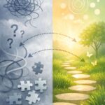 Split-screen illustration showing tangled paths and question marks transforming into a clear, sunlit pathway, representing the EMDR therapy process from confusion to healing.