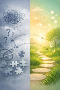 Split-screen illustration showing tangled paths and question marks transforming into a clear, sunlit pathway, representing the EMDR therapy process from confusion to healing.