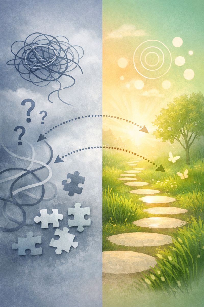 Split-screen illustration showing tangled paths and question marks transforming into a clear, sunlit pathway, representing the EMDR therapy process from confusion to healing.