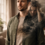 Man appearing calm on the outside with a transparent overlay showing inner panic and anxiety, representing high functioning anxiety