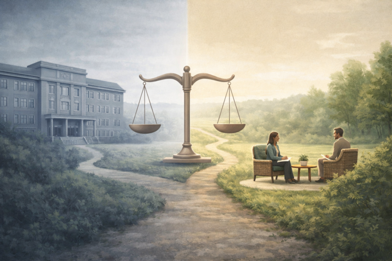 Illustration showing balanced decision-making between inpatient addiction treatment and personalized outpatient care