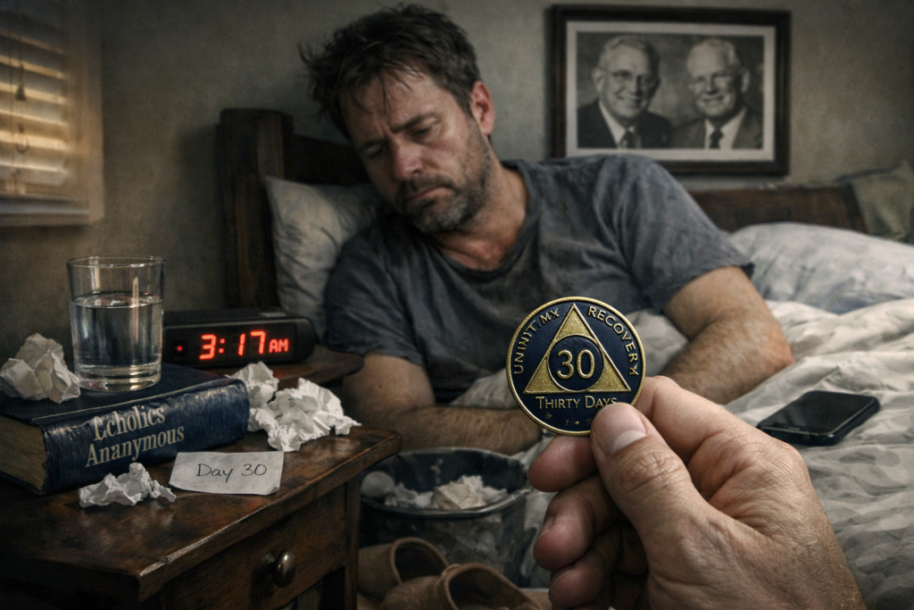 Man in early recovery holding a 30-day sobriety coin while sitting exhausted in bed, with Alcoholics Anonymous book, glass of water, and recovery mentors pictured on the wall