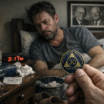 Man in early recovery holding a 30-day sobriety coin while sitting exhausted in bed, with Alcoholics Anonymous book, glass of water, and recovery mentors pictured on the wall