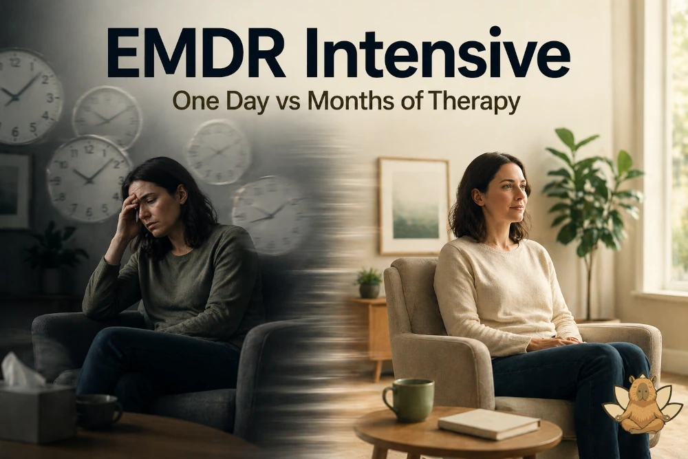 Split image showing slow therapy progress versus EMDR intensive breakthrough in one day