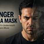Man with split facial expression showing anger on the surface and vulnerability underneath