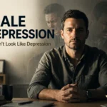 Man sitting at desk with composed expression illustrating hidden male depression and internal struggle