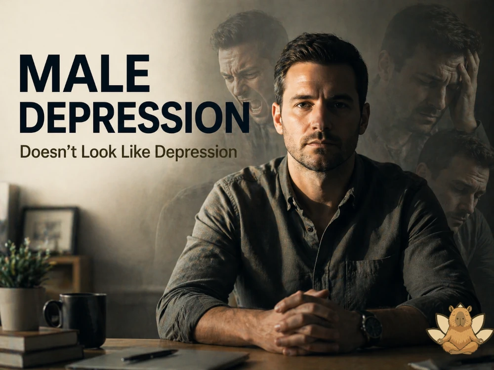 Man sitting at desk with composed expression illustrating hidden male depression and internal struggle