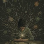 Illustrated figure with tangled threads from chest representing relationship anxiety and overanalysis