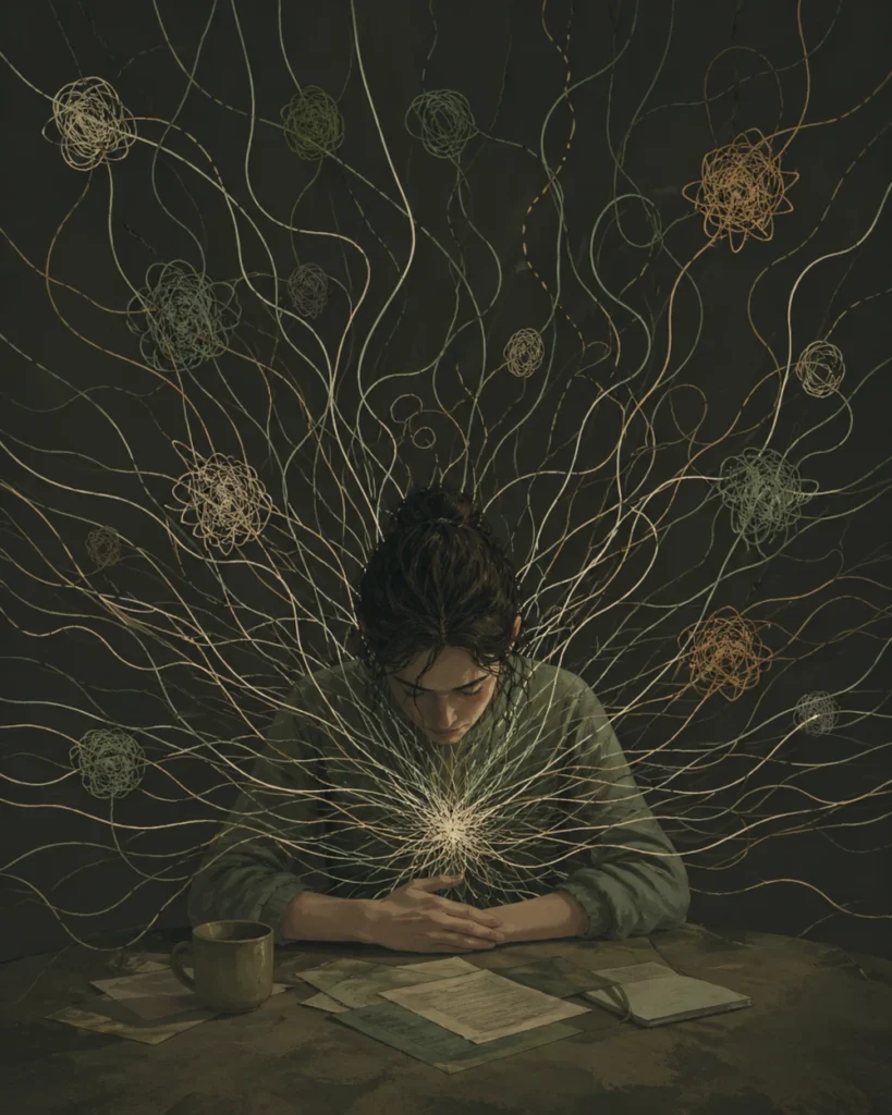 Illustrated figure with tangled threads from chest representing relationship anxiety and overanalysis