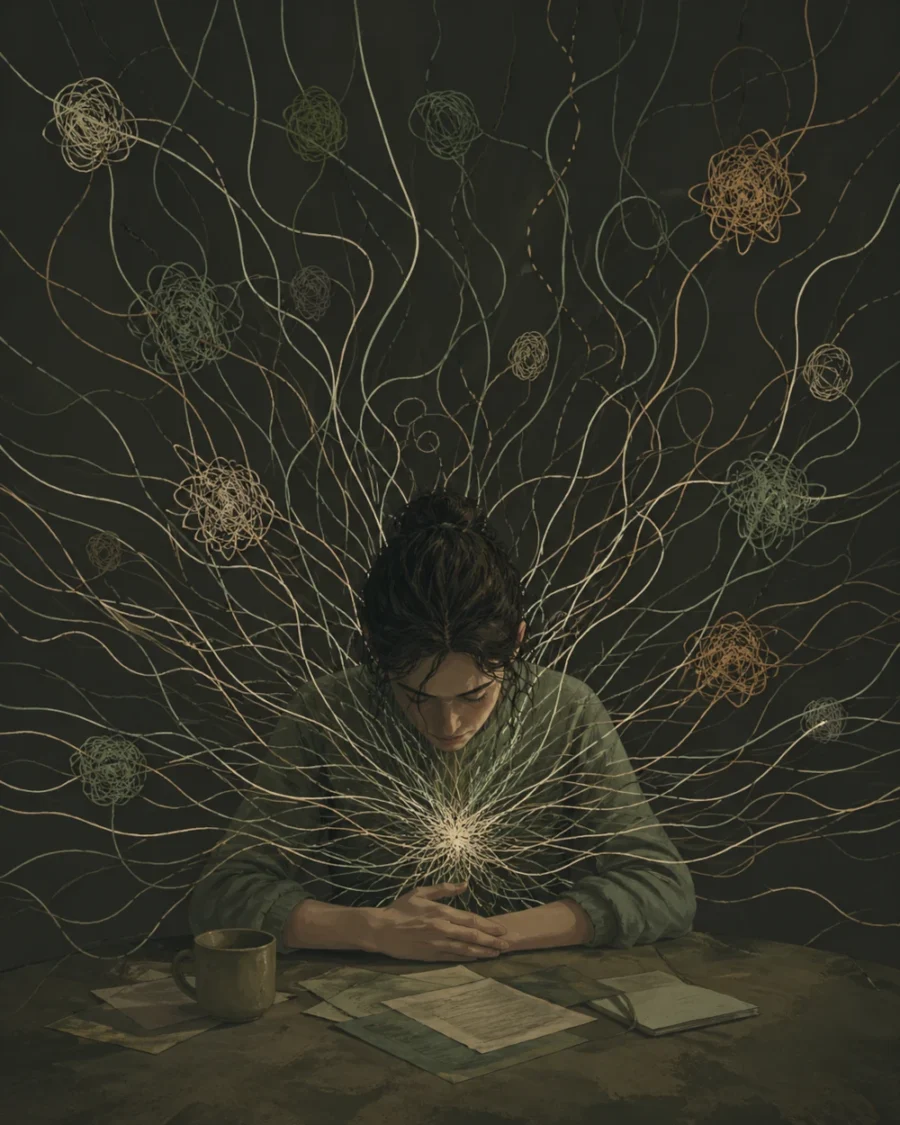 Illustrated figure with tangled threads from chest representing relationship anxiety and overanalysis