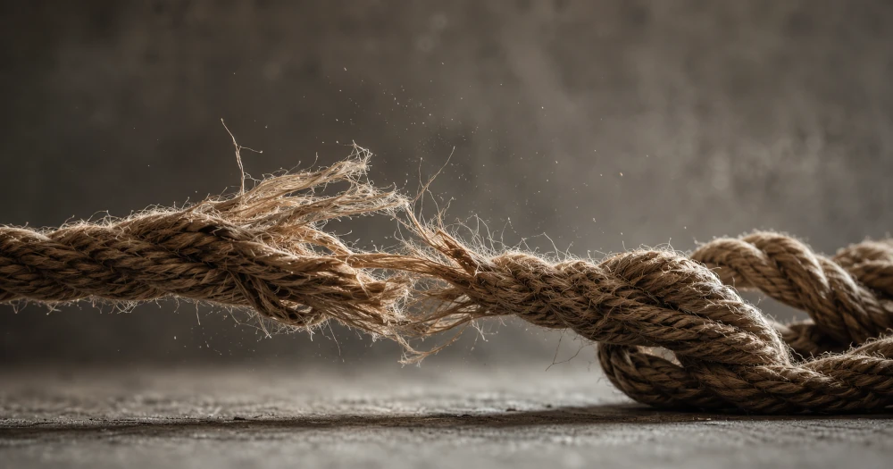 Taut rope fraying under tension, symbolizing the strained feeling of panic before relief