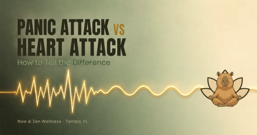 Heartbeat line shifting from a chaotic spike to a calm steady wave, illustrating the difference between a panic attack and a heart attack